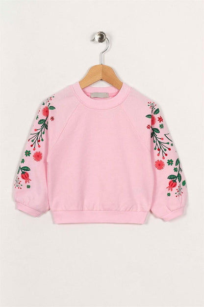 Girl's Powder Color Reglan Sleeve Floral Printed Sweatshirt