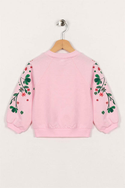 Girl's Powder Color Reglan Sleeve Floral Printed Sweatshirt