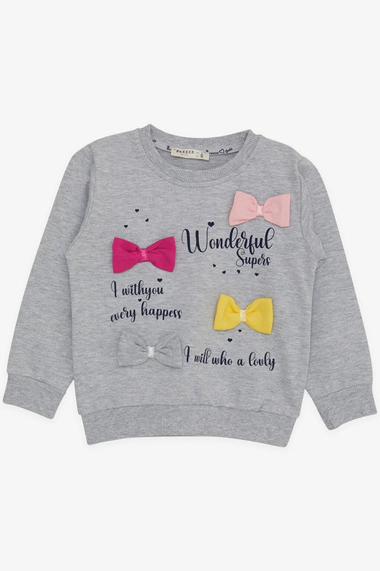 Girl's Sweatshirt Colorful Bow Accessory Text Printed Gray Melange (Age 3)