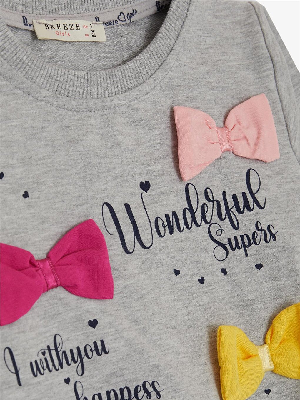 Girl's Sweatshirt Colorful Bow Accessory Text Printed Gray Melange (Age 3)