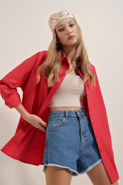 3900 Oversize Long Basic Shirt - Red