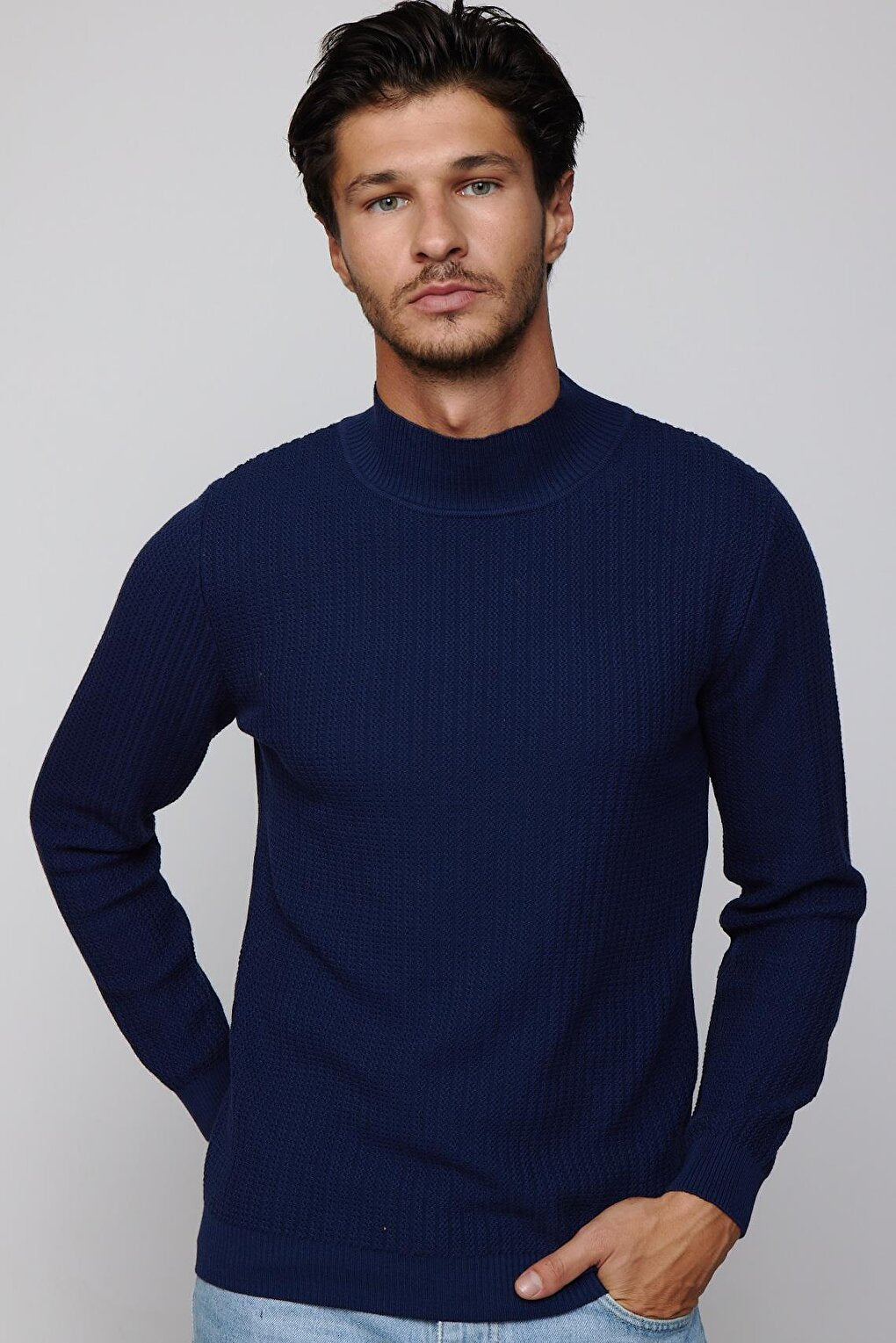 Slim Fit Half Turtleneck Non-Pilling Navy Blue Men's Knitwear Sweater