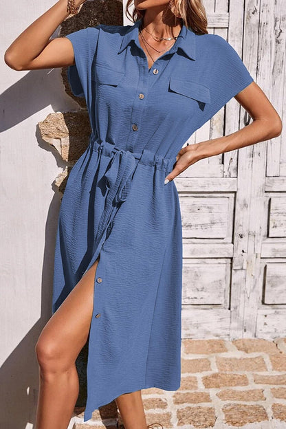 Blue Shirt Collar Long Dress MG1743