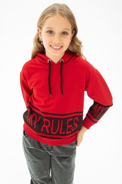 Girl's Red Colored My Rules Printed Hooded Sweatshirt