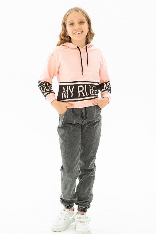 Girl's Salmon Colored My Rules Printed Hooded Sweatshirt