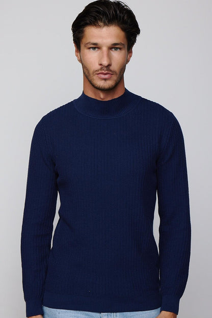 Slim Fit Half Turtleneck Non-Pilling Navy Blue Men's Knitwear Sweater