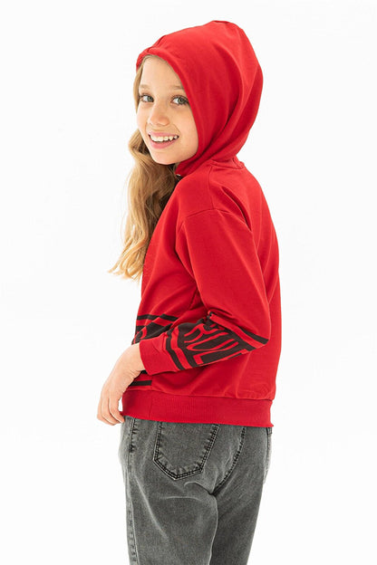 Girl's Red Colored My Rules Printed Hooded Sweatshirt