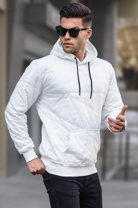 White Quilted Patterned Kangaroo Pocket Hooded Sweatshirt 6021