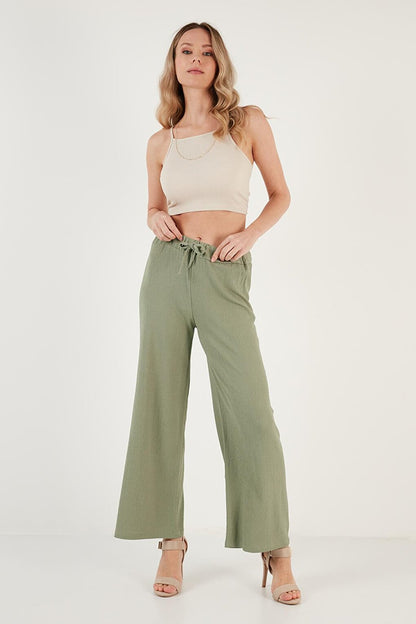 Waist Tied Comfortable Cut Crinkle Fabric Trousers 5862061