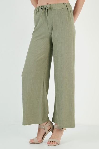 Waist Tied Comfortable Cut Crinkle Fabric Trousers 5862061