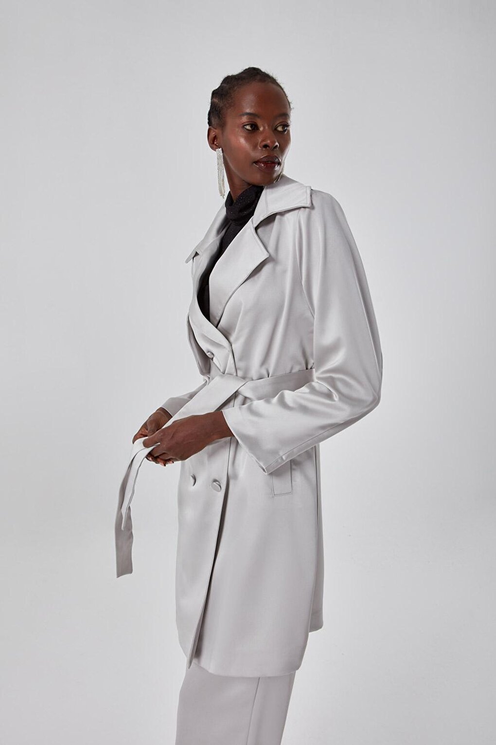 Satin Textured Gray Trench Coat