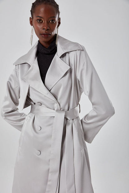 Satin Textured Gray Trench Coat