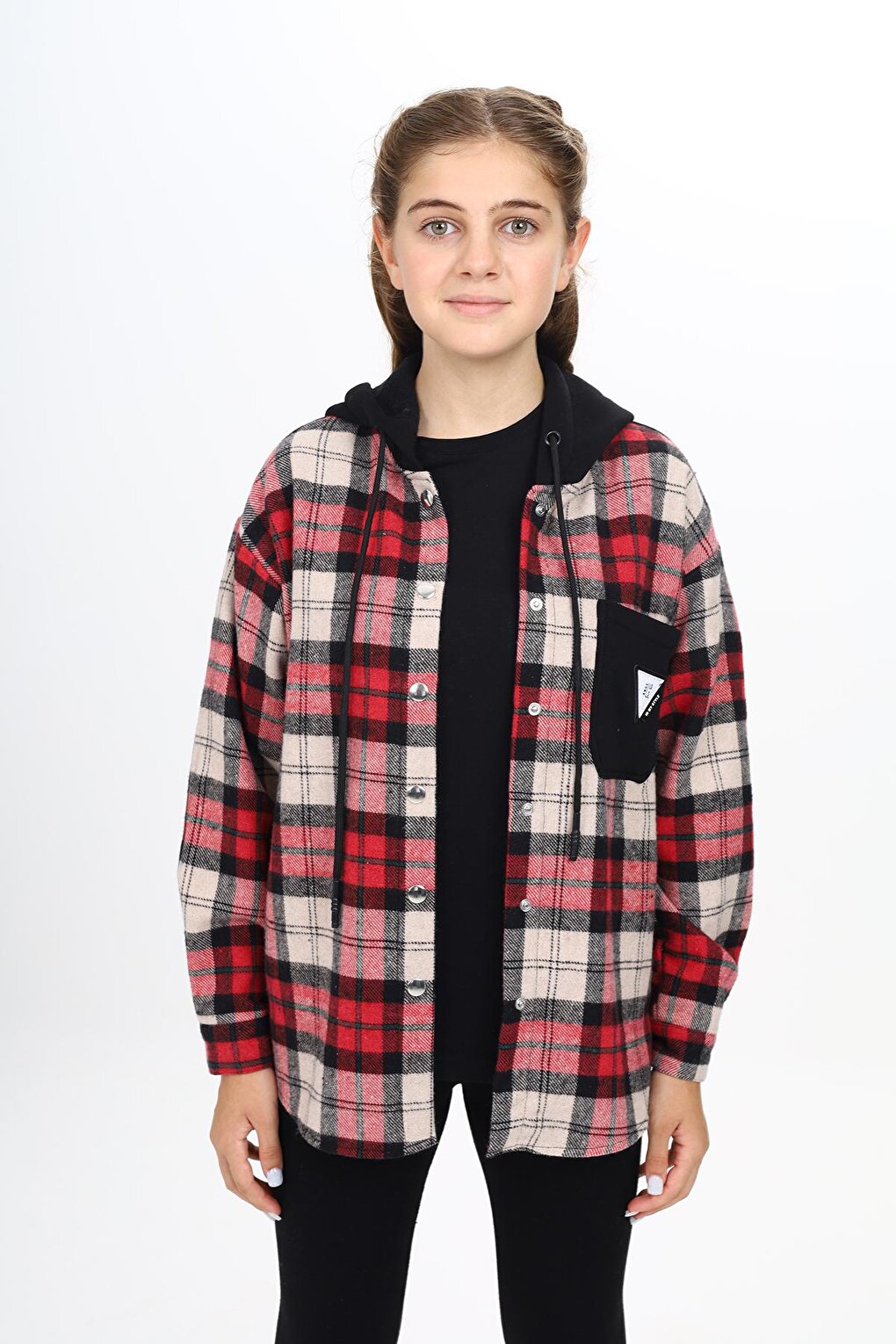 Girl's Garnished Hooded Plaid Shirt 9-14 Years Lx265