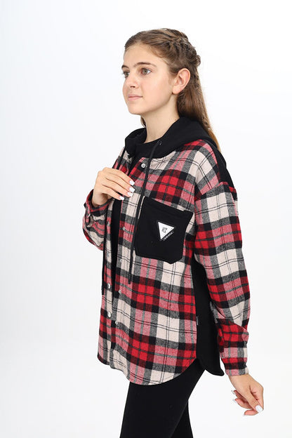 Girl's Garnished Hooded Plaid Shirt 9-14 Years Lx265