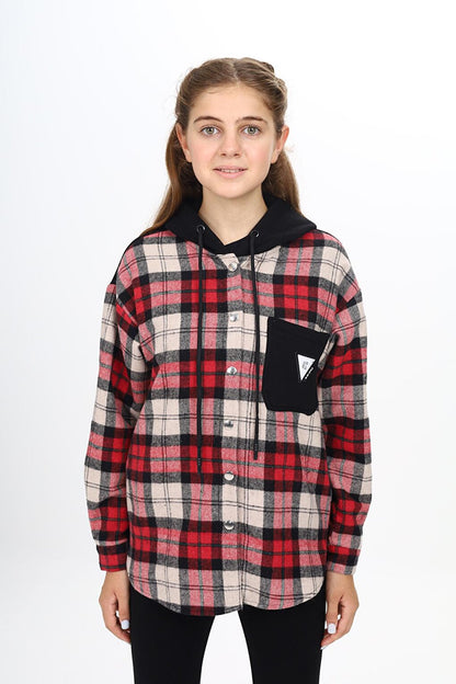 Girl's Garnished Hooded Plaid Shirt 9-14 Years Lx265