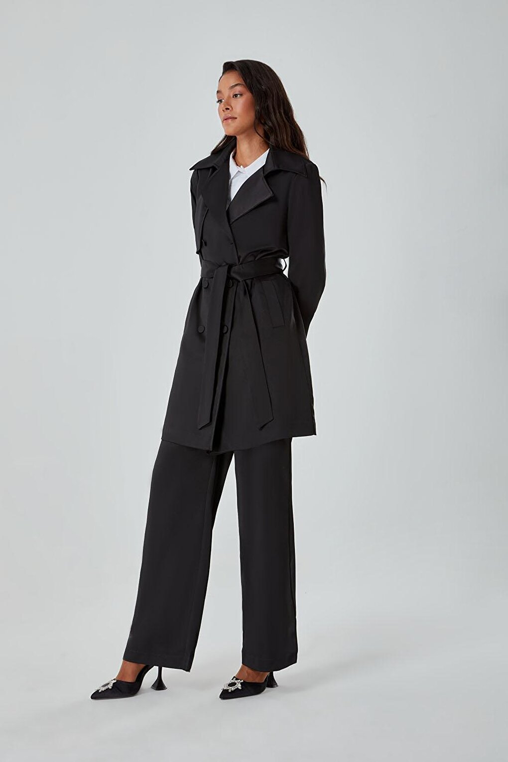 Satin Textured Black Trench Coat