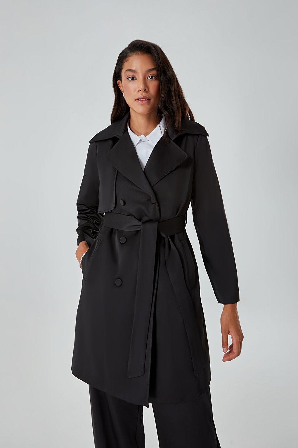 Satin Textured Black Trench Coat