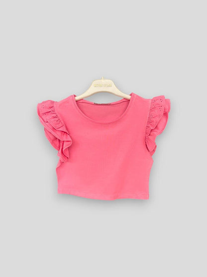 Girl's Lace, Ruffled Sleeve Detailed T-Shirt