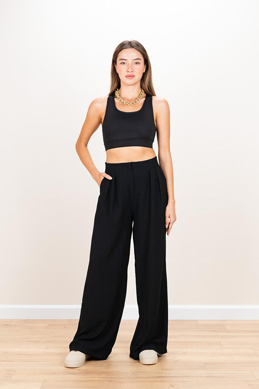 Women's Black Pleated Wide Leg Palazzo Trousers