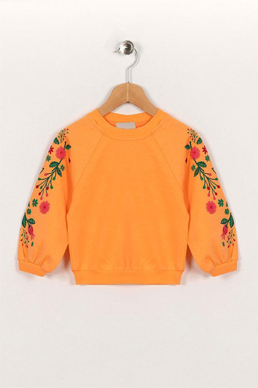 Girl's Salmon Colored Raglan Sleeve Floral Printed Sweatshirt