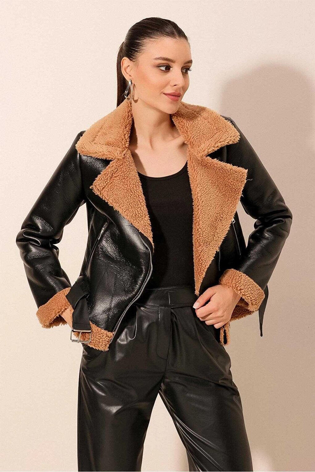 Black Double Breasted Collar Zippered Fur Lined Belted Leather Jacket