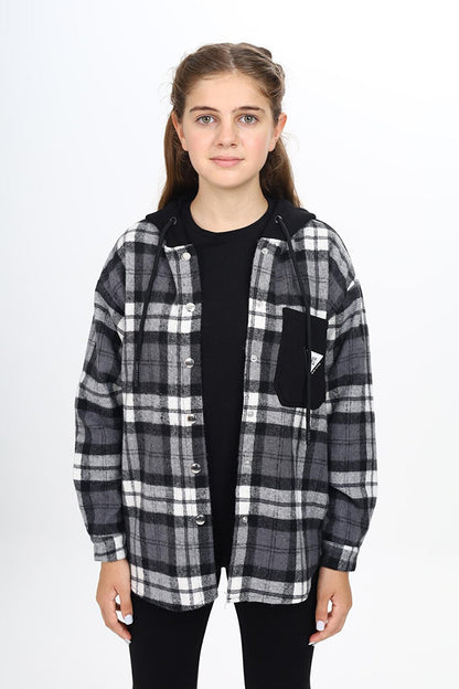 Girl's Garnished Hooded Plaid Shirt 9-14 Years Lx265