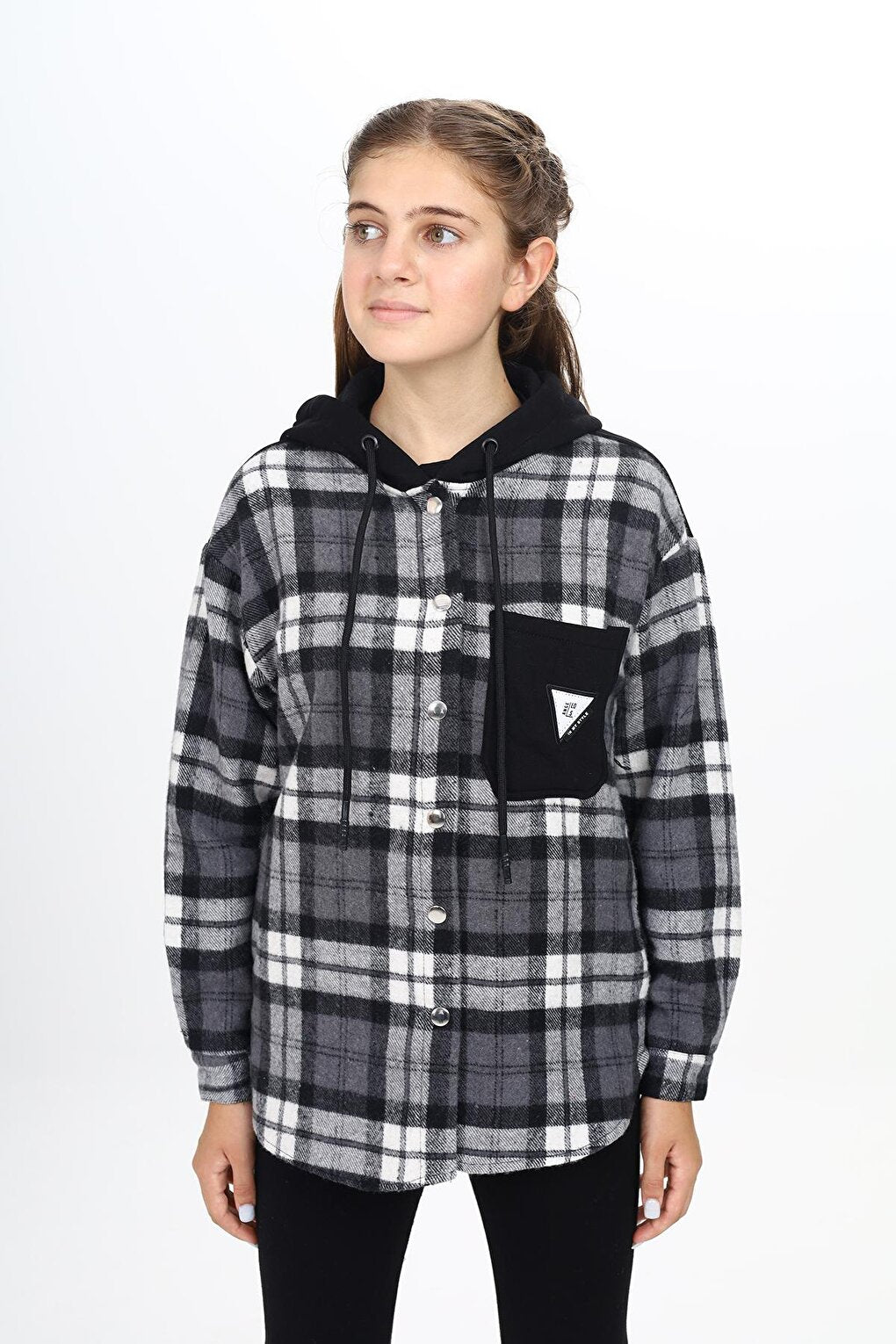 Girl's Garnished Hooded Plaid Shirt 9-14 Years Lx265