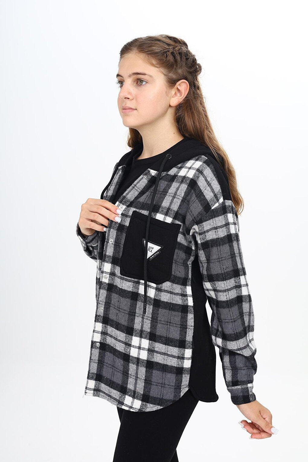 Girl's Garnished Hooded Plaid Shirt 9-14 Years Lx265