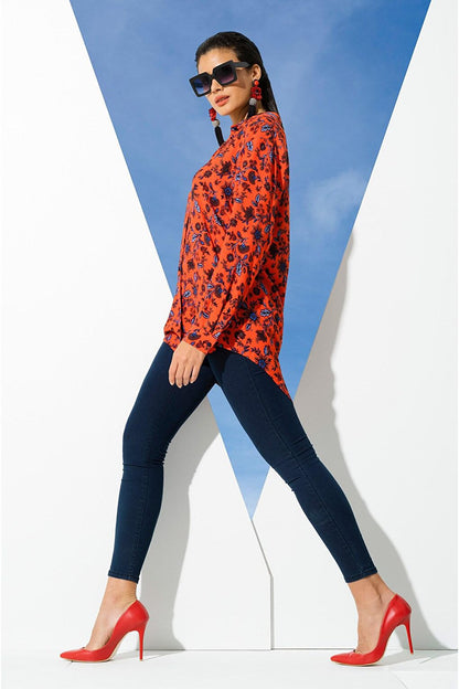 Flower Pattern Red Blue Viscose Shirt