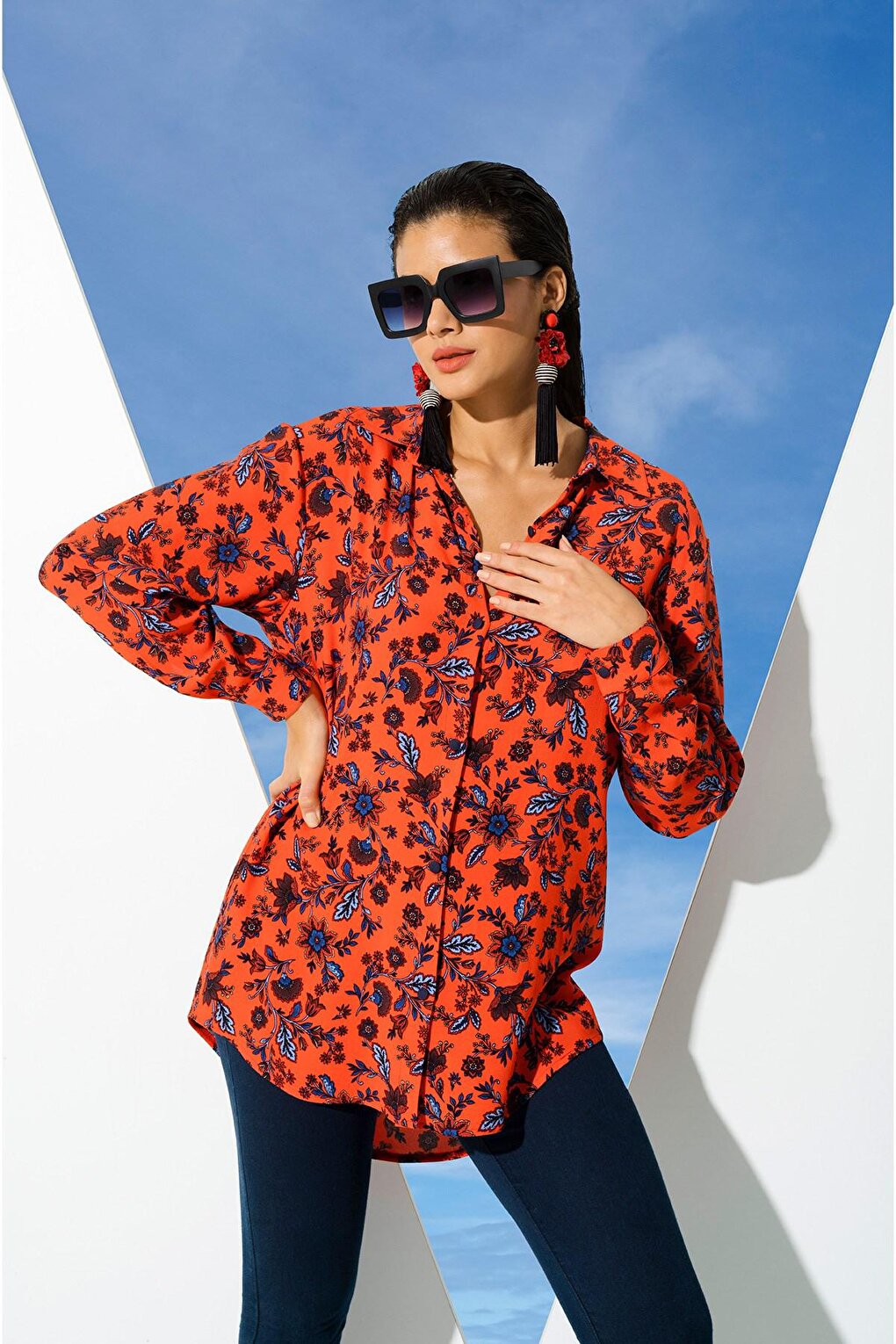 Flower Pattern Red Blue Viscose Shirt