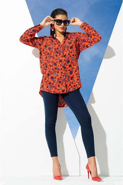 Flower Pattern Red Blue Viscose Shirt