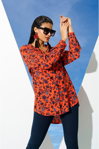 Flower Pattern Red Blue Viscose Shirt