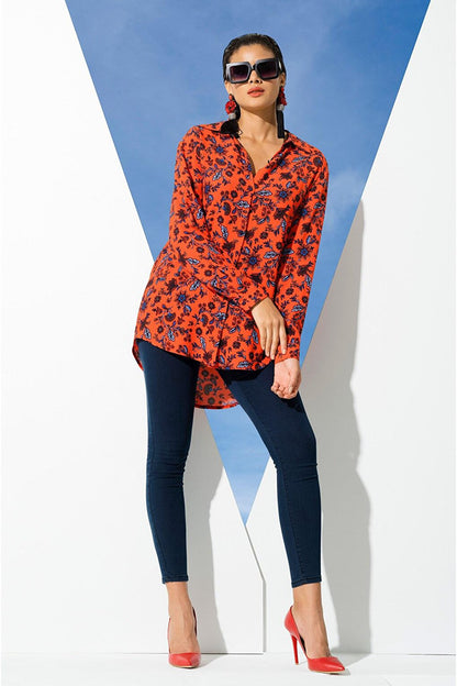 Flower Pattern Red Blue Viscose Shirt