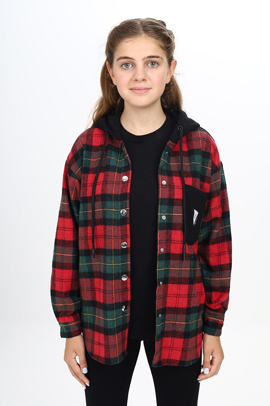 Girl's Garnished Hooded Plaid Shirt 9-14 Years Lx265