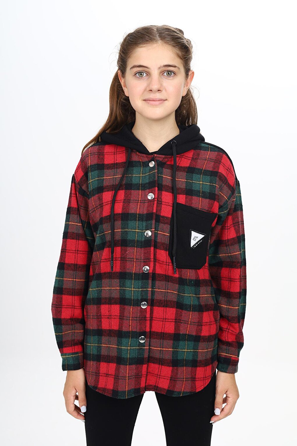 Girl's Garnished Hooded Plaid Shirt 9-14 Years Lx265