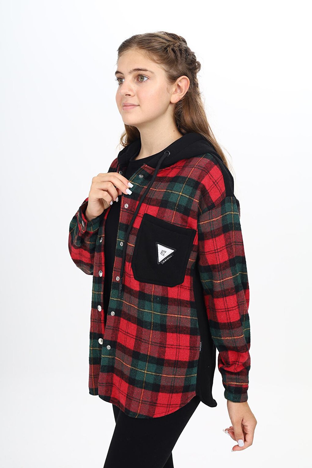 Girl's Garnished Hooded Plaid Shirt 9-14 Years Lx265