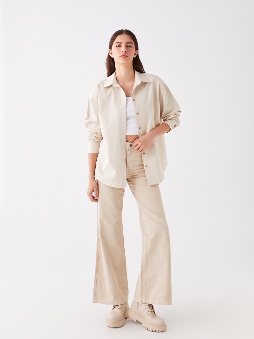 Oversize Long Basic Shirt Beige