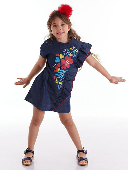 Floral Printed Girls Denim Dress