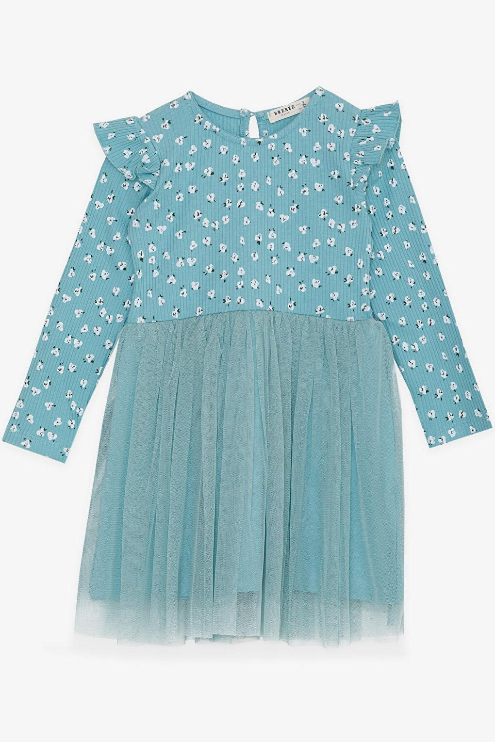 Girl's Long Sleeve Dress, Floral Patterned, Ruffled Shoulder, Aqua Green (Age 4-8)