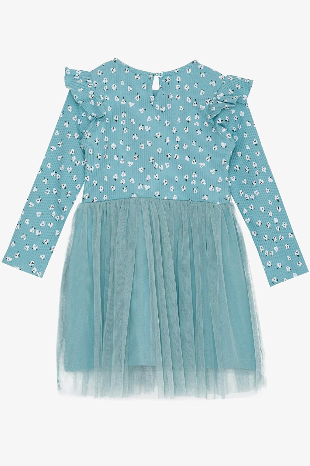 Girl's Long Sleeve Dress, Floral Patterned, Ruffled Shoulder, Aqua Green (Age 4-8)