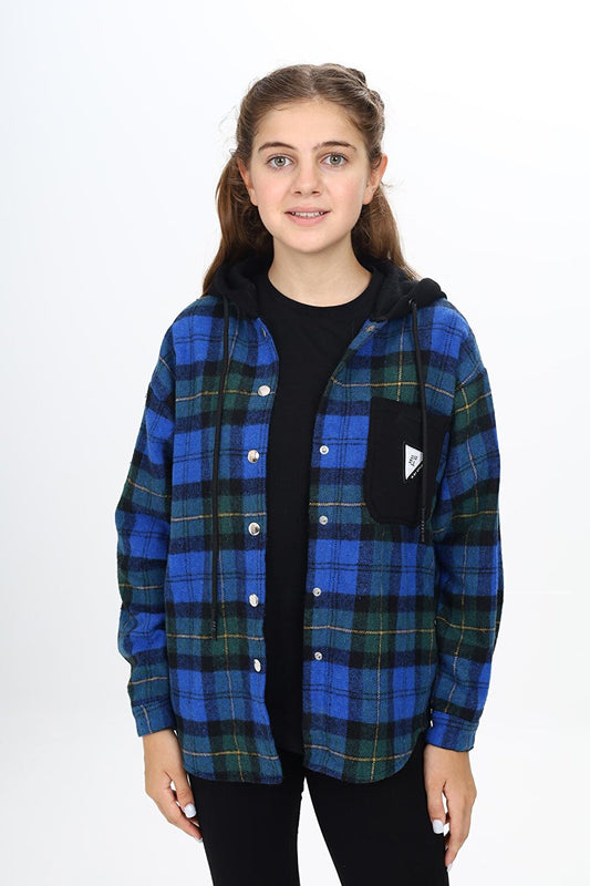 Girl's Garnished Hooded Plaid Shirt 9-14 Years Lx265