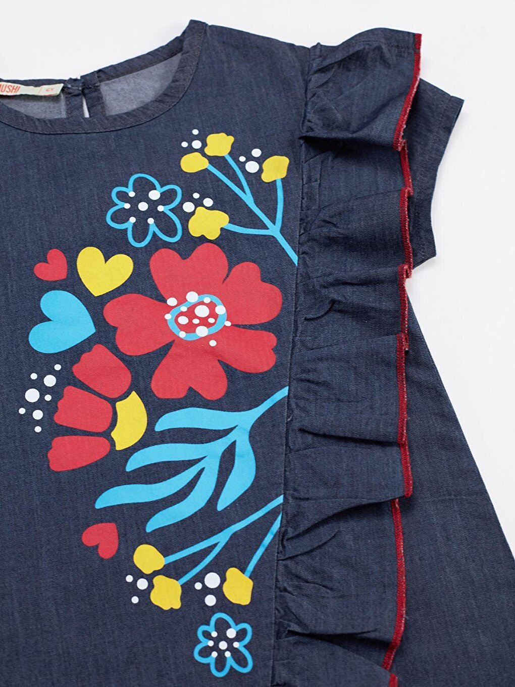 Floral Printed Girls Denim Dress