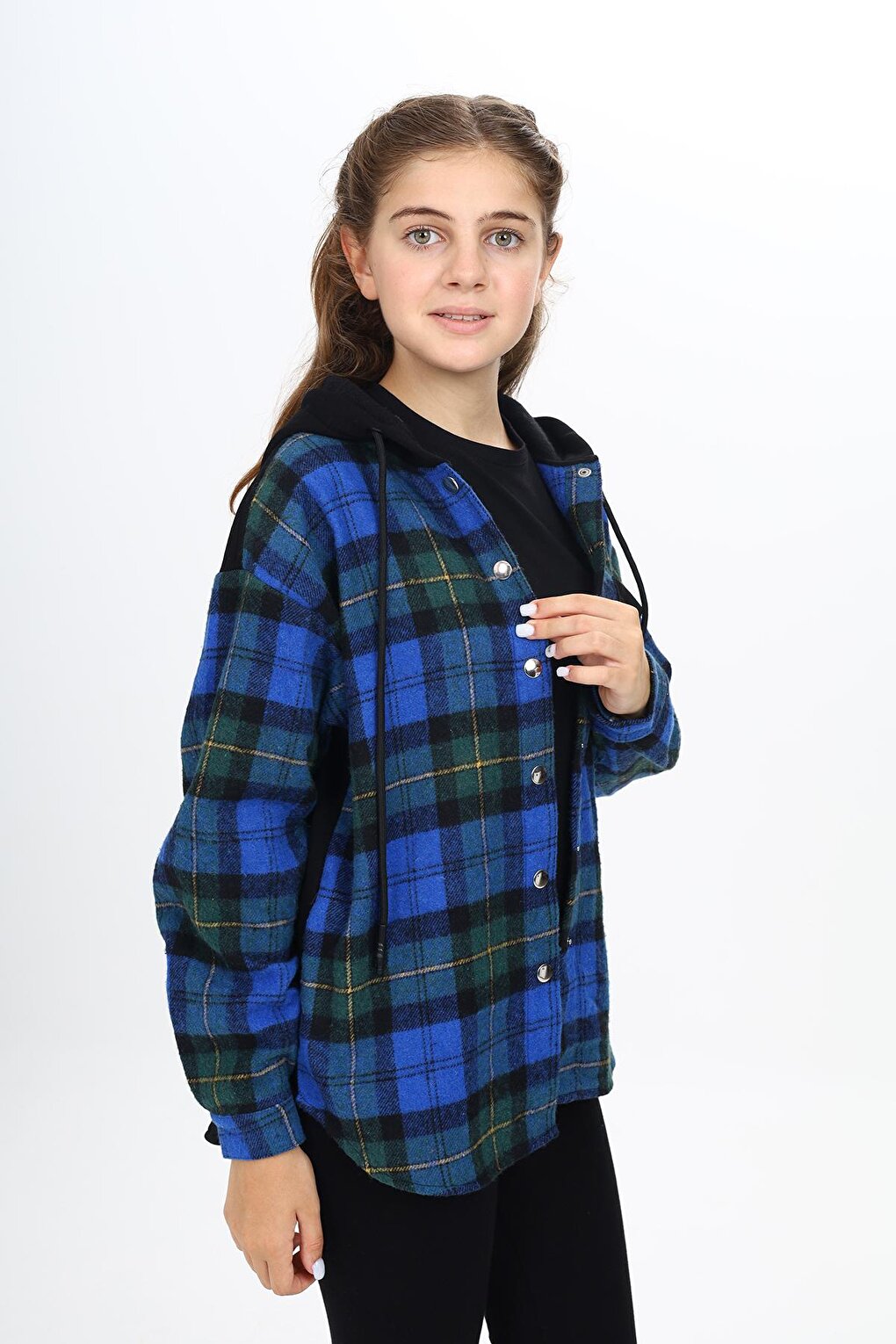 Girl's Garnished Hooded Plaid Shirt 9-14 Years Lx265