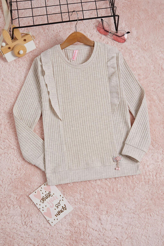 Cream Front Ruffled Ribbed Long Sleeve Sweatshirt 16280