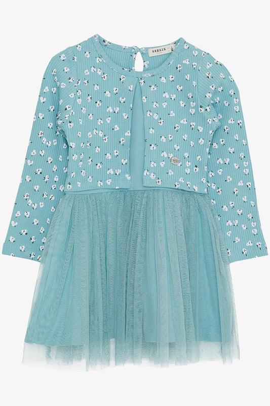 Girl's Long Sleeve Dress Tulle Floral Pattern Water Green (Age 3-8)