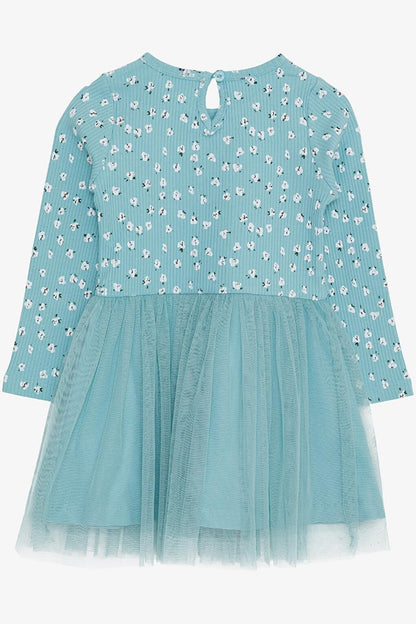 Girl's Long Sleeve Dress Tulle Floral Pattern Water Green (Age 3-8)