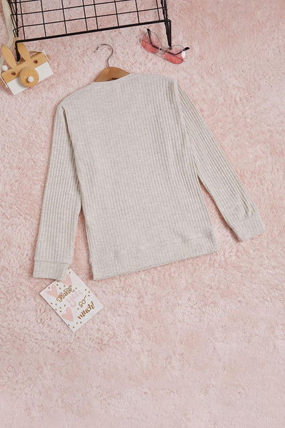 Cream Front Ruffled Ribbed Long Sleeve Sweatshirt 16280