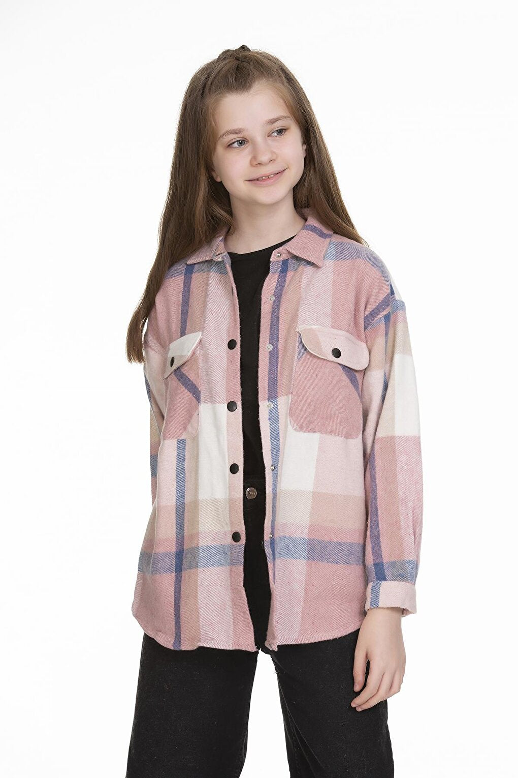 Girl's Back Printed Plaid Shirt 9-14 Years Lx151