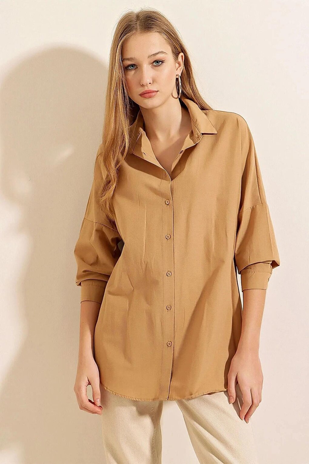 Camel Plain Plain Araboy Basic Oversize Shirt