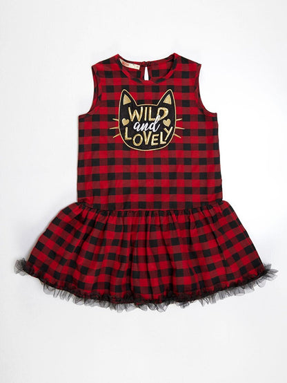 Cat Plaid Sleeveless Girls Dress